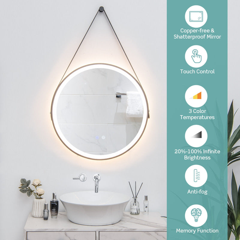 24 Inch Round Wall-mounted Mirror with 3 Color LED Lights and Anti-Fog Function