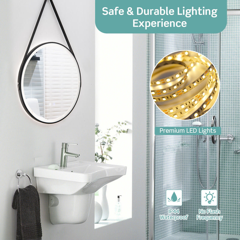 24 Inch Round Wall-mounted Mirror with 3 Color LED Lights and Anti-Fog Function