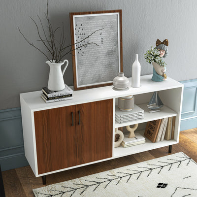 Modern Buffet Sideboard with 2 Doors and Open Compartments-Walnut