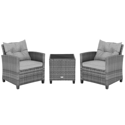 3 Pieces Outdoor Wicker Conversation Set with Tempered Glass Tabletop-Gray