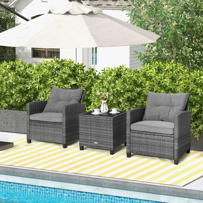 3 Pieces Outdoor Wicker Conversation Set with Tempered Glass Tabletop-Gray