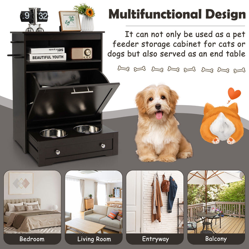 Pet Feeder Station with Stainless Steel Bowl-Coffee