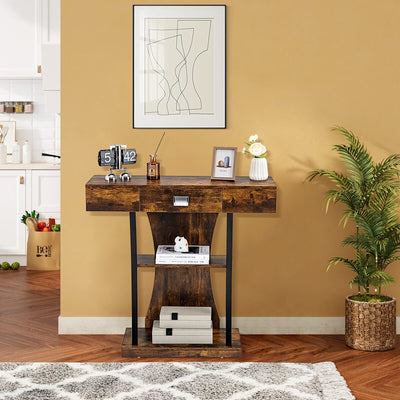 Console Table with Drawer and 2-Tier Shelves for Entryway Living Room-Rustic Brown