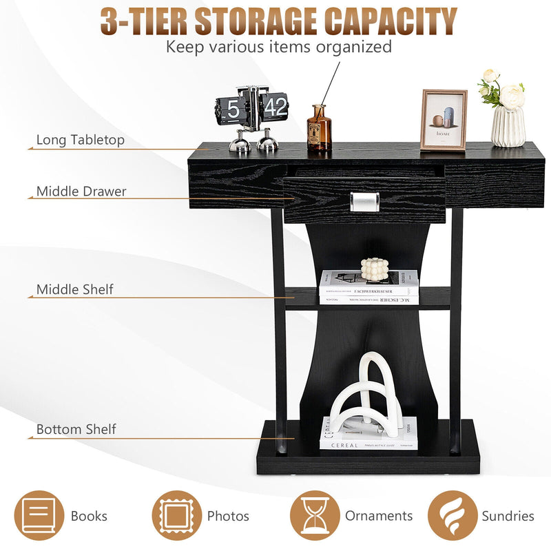 Console Table with Drawer and 2-Tier Shelves for Entryway Living Room-Black