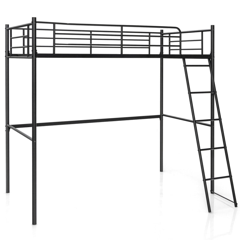 Twin Metal Loft Bed with Ladderand High Guard Rails-Black