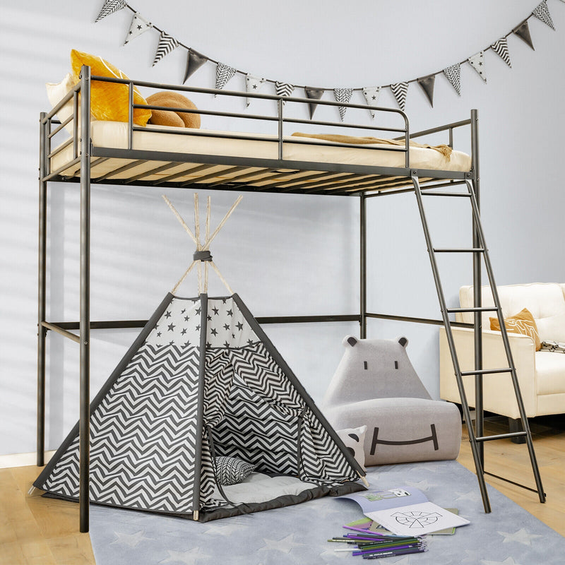 Twin Metal Loft Bed with Ladderand High Guard Rails-Black