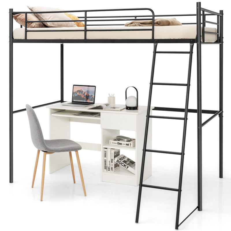 Twin Metal Loft Bed with Ladderand High Guard Rails-Black