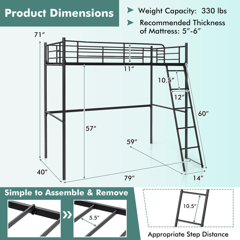 Twin Metal Loft Bed with Ladderand High Guard Rails-Black