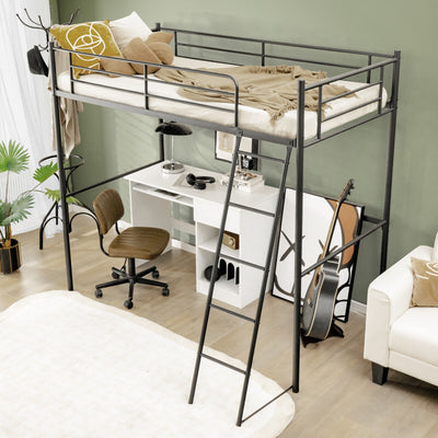 Twin Metal Loft Bed with Ladderand High Guard Rails-Black