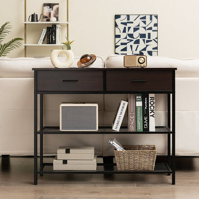 39.5 Inch Entryway Table with 2 Drawers and 2-Tier Shelves-Dark Brown