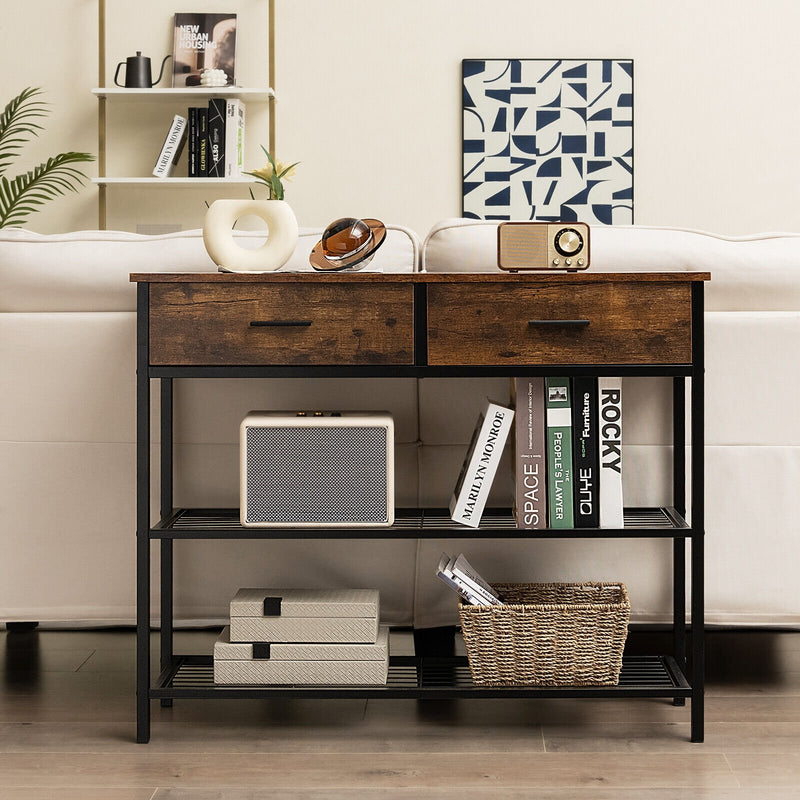 39.5 Inch Entryway Table with 2 Drawers and 2-Tier Shelves-Rustic Brown