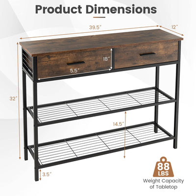 39.5 Inch Entryway Table with 2 Drawers and 2-Tier Shelves-Rustic Brown