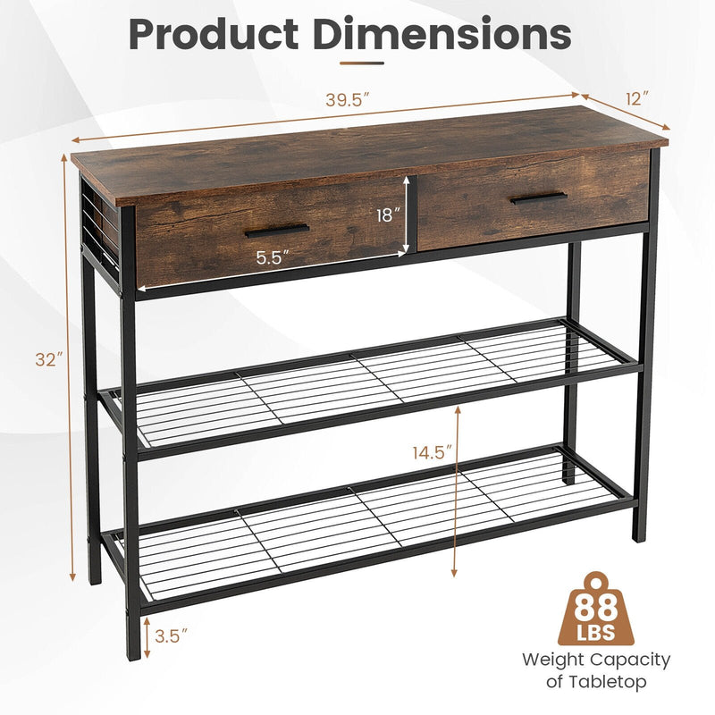 39.5 Inch Entryway Table with 2 Drawers and 2-Tier Shelves-Rustic Brown