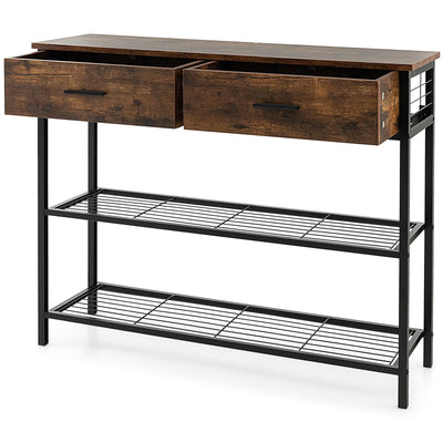 39.5 Inch Entryway Table with 2 Drawers and 2-Tier Shelves-Rustic Brown