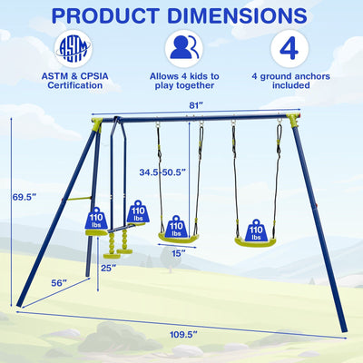 440 Pounds Kids Swing Set with Two Swings and One Glider