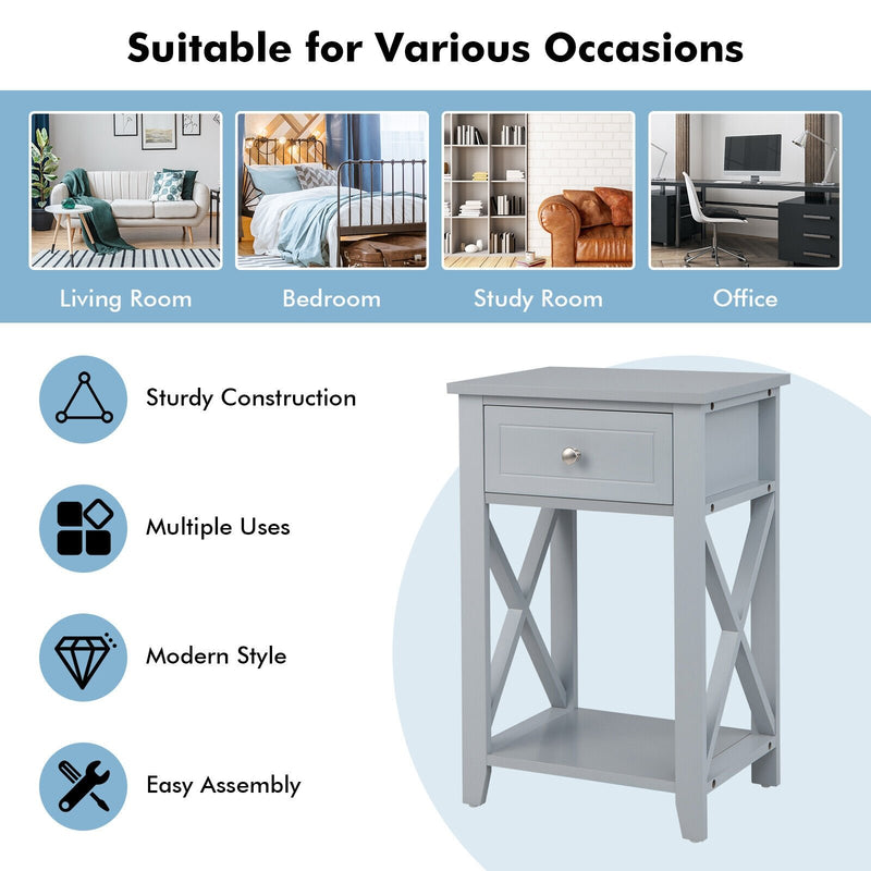 Sofa Side End Table with Drawer and Shelf-Gray