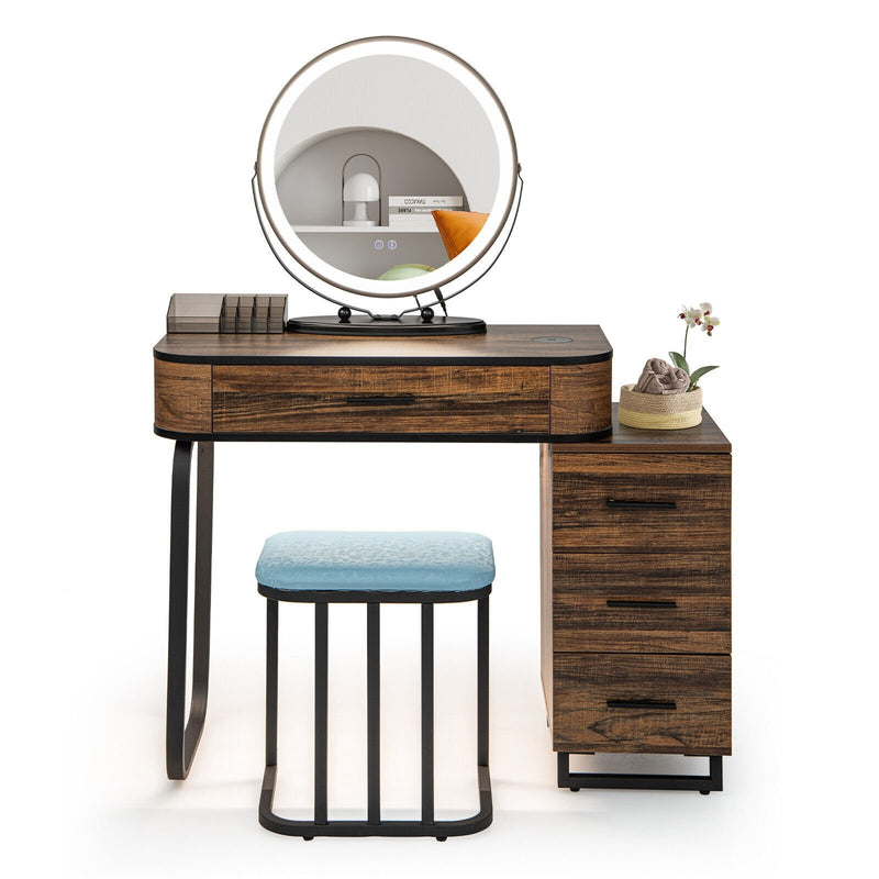 Vanity Table Set with 3-Color Lighted Mirror and Charging Station-Brown