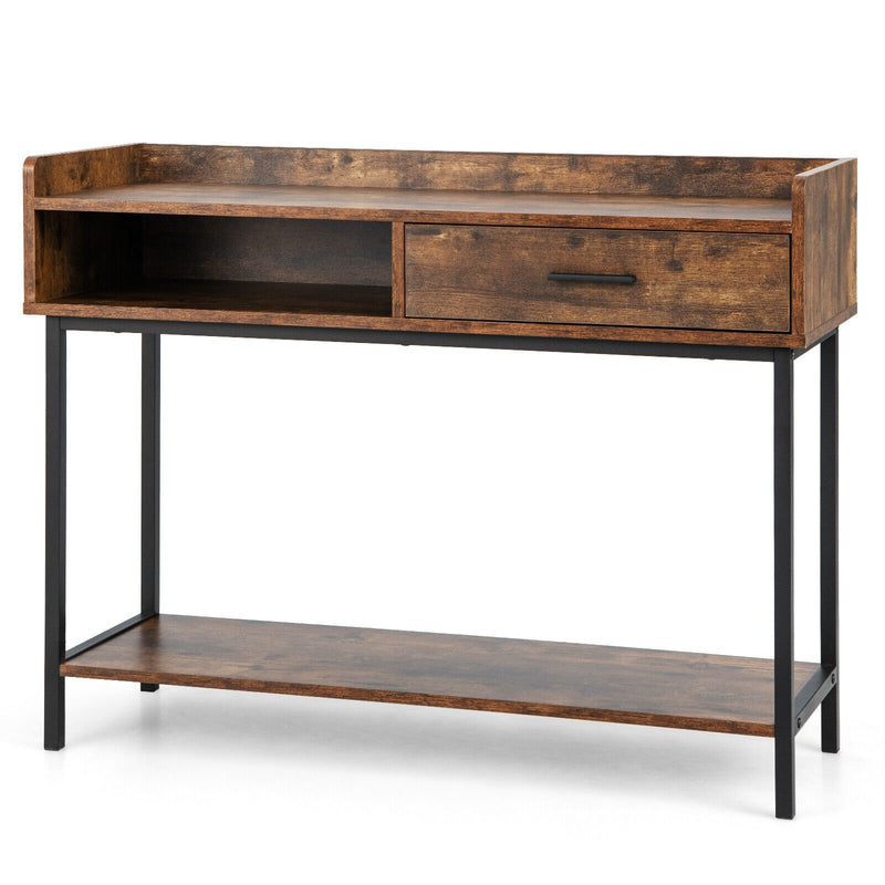 Long Console Table with Drawer and Metal Frame-Rustic Brown