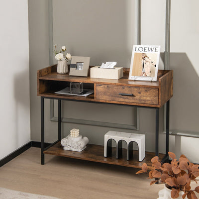 Long Console Table with Drawer and Metal Frame-Rustic Brown