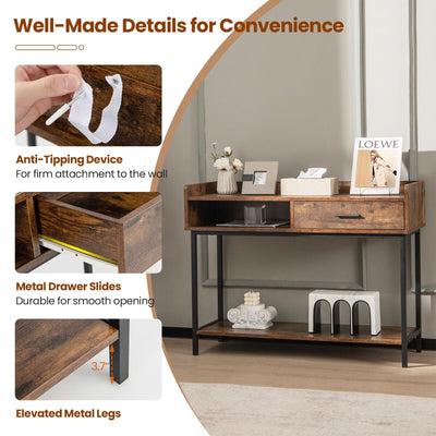 Long Console Table with Drawer and Metal Frame-Rustic Brown