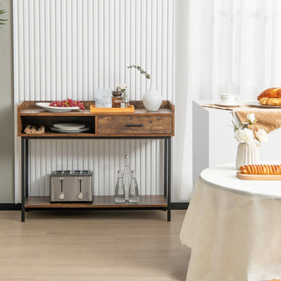 Long Console Table with Drawer and Metal Frame-Rustic Brown