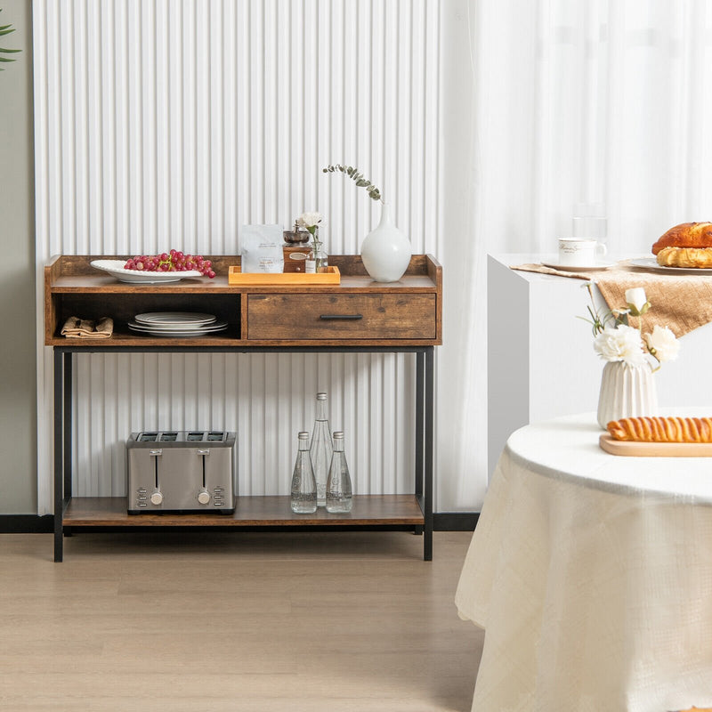 Long Console Table with Drawer and Metal Frame-Rustic Brown