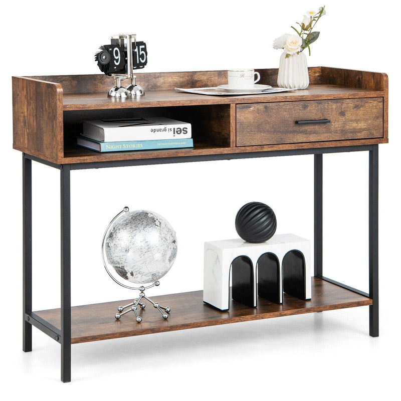 Long Console Table with Drawer and Metal Frame-Rustic Brown