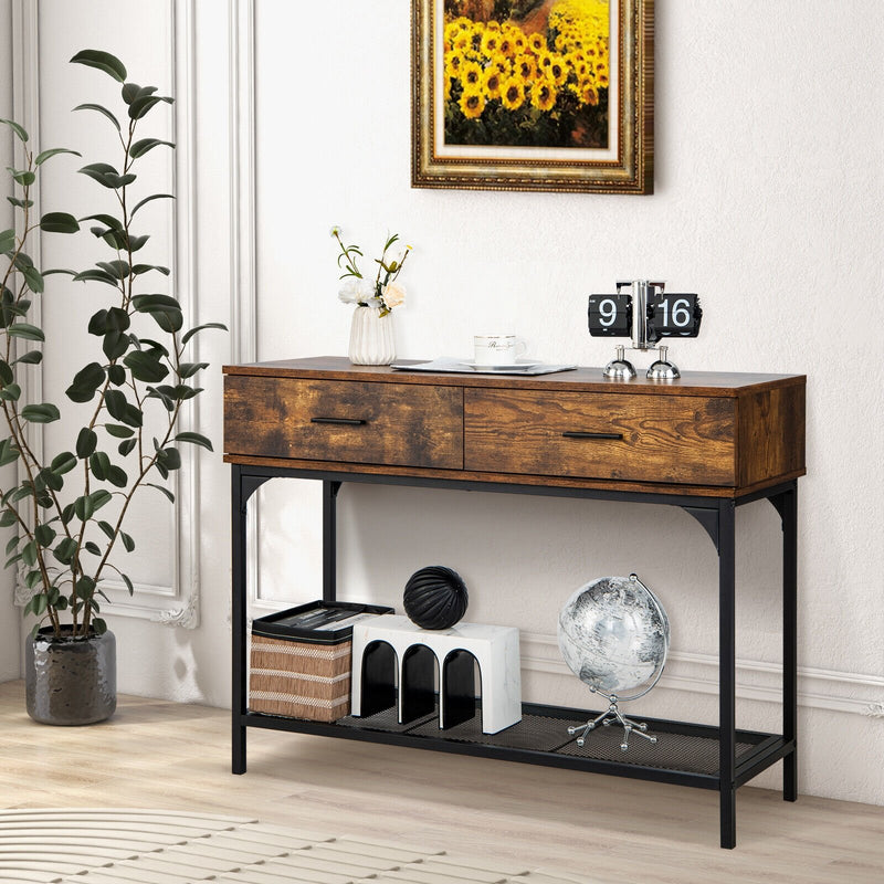 2 Drawers Console Table with Metal Frame for Living Room-Rustic Brown