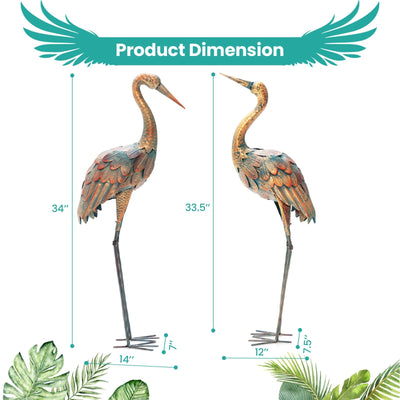 Set of 2 Crane Garden Statues Standing Metal Crane Sculptures Bird