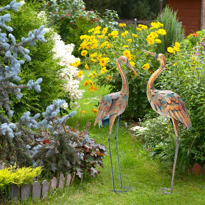 Set of 2 Crane Garden Statues Standing Metal Crane Sculptures Bird