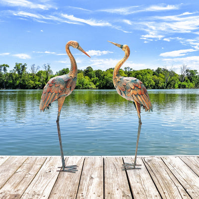 Set of 2 Crane Garden Statues Standing Metal Crane Sculptures Bird