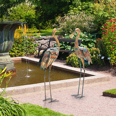 Set of 2 Crane Garden Statues Standing Metal Crane Sculptures Bird