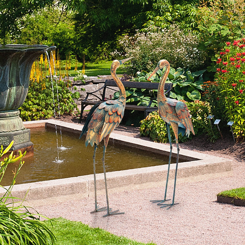 Set of 2 Crane Garden Statues Standing Metal Crane Sculptures Bird