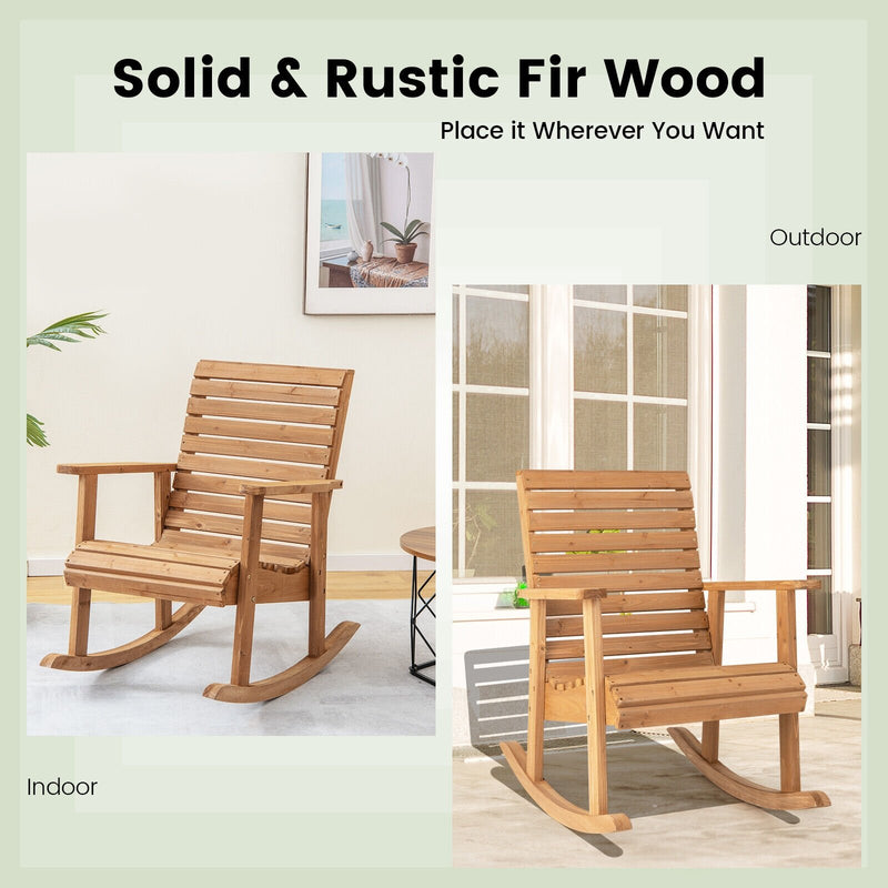 Outdoor Fir Wood Rocking Chair with High Backrest-Brown