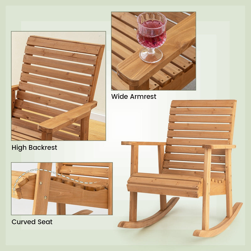 Outdoor Fir Wood Rocking Chair with High Backrest-Brown