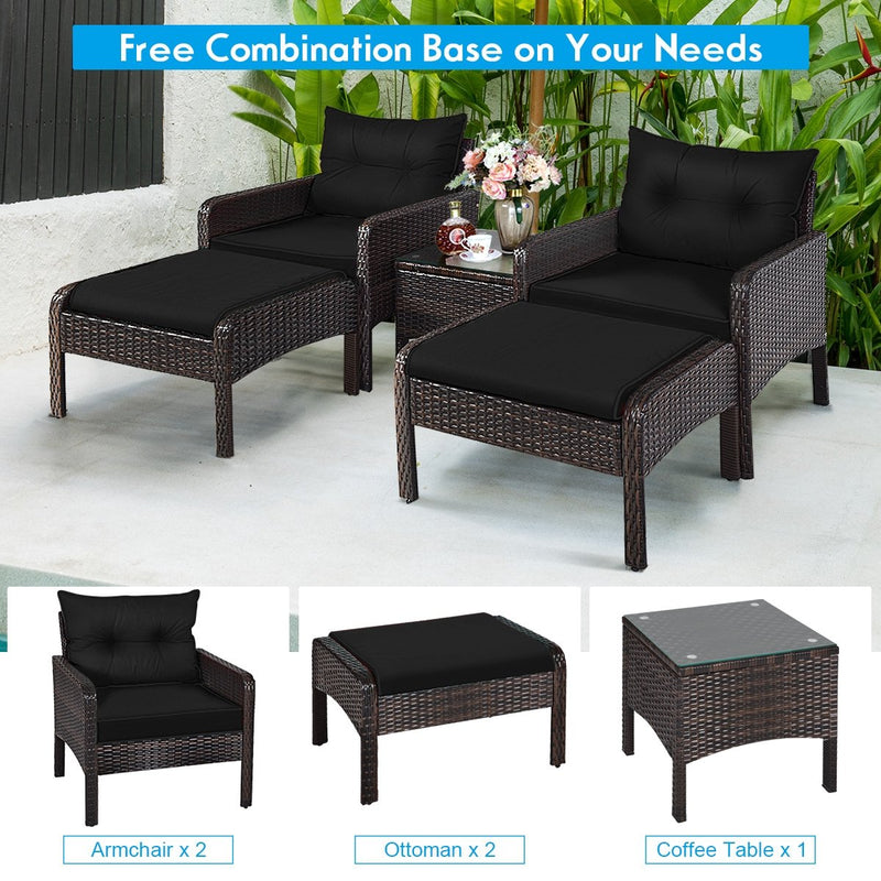 5 Pieces Patio Rattan Sofa Ottoman Furniture Set with Cushions-Black