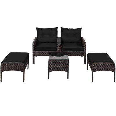 5 Pieces Patio Rattan Sofa Ottoman Furniture Set with Cushions-Black