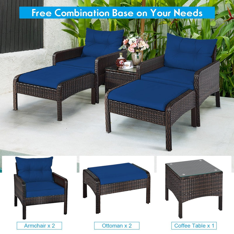 5 Pieces Patio Rattan Sofa Ottoman Furniture Set with Cushions-Navy