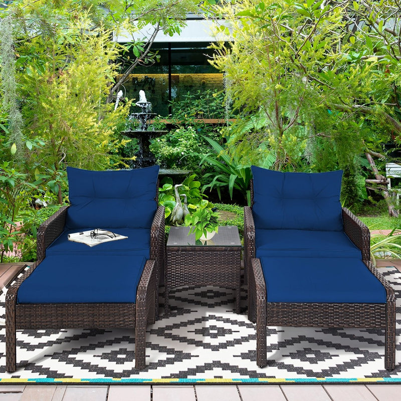 5 Pieces Patio Rattan Sofa Ottoman Furniture Set with Cushions-Navy