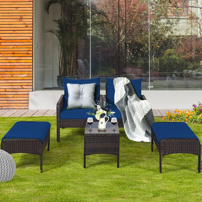 5 Pieces Patio Rattan Sofa Ottoman Furniture Set with Cushions-Navy