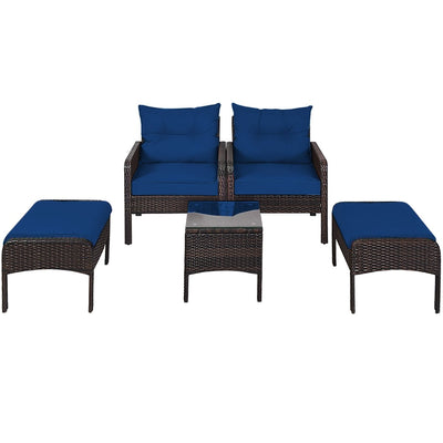 5 Pieces Patio Rattan Sofa Ottoman Furniture Set with Cushions-Navy