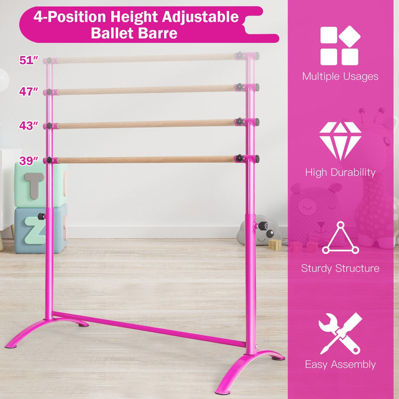 51 Inch Ballet Barre Bar with 4-Position Adjustable Height-Pink