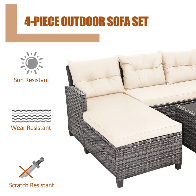 4 Pieces Patio Rattan Furniture Set with Cushion and Table Shelf-Off White