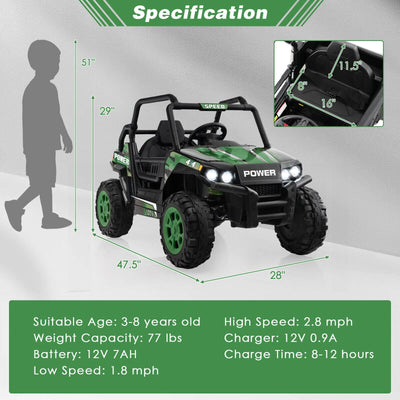 12V Kids UTV Ride on Car with 2.4G Remote Control Music and LED Lights-Green