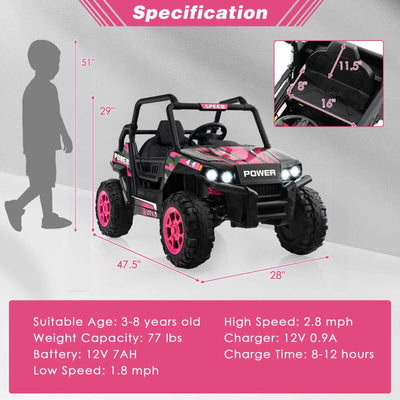 12V Kids UTV Ride on Car with 2.4G Remote Control Music and LED Lights-Pink