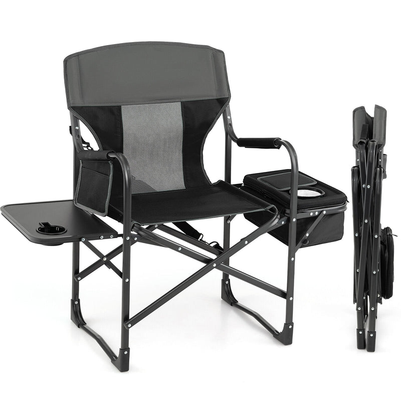 Folding Camping Directors Chair with Cooler Bag and Side Table-Black