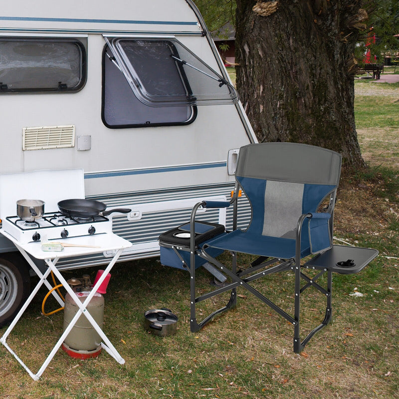 Folding Camping Directors Chair with Cooler Bag and Side Table-Blue