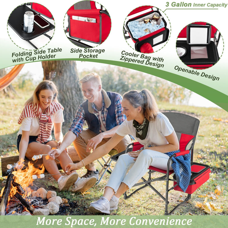 Folding Camping Directors Chair with Cooler Bag and Side Table-Red