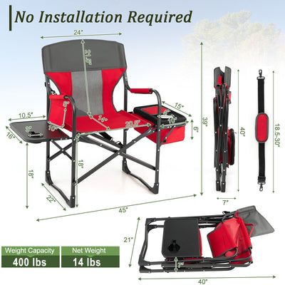 Folding Camping Directors Chair with Cooler Bag and Side Table-Red