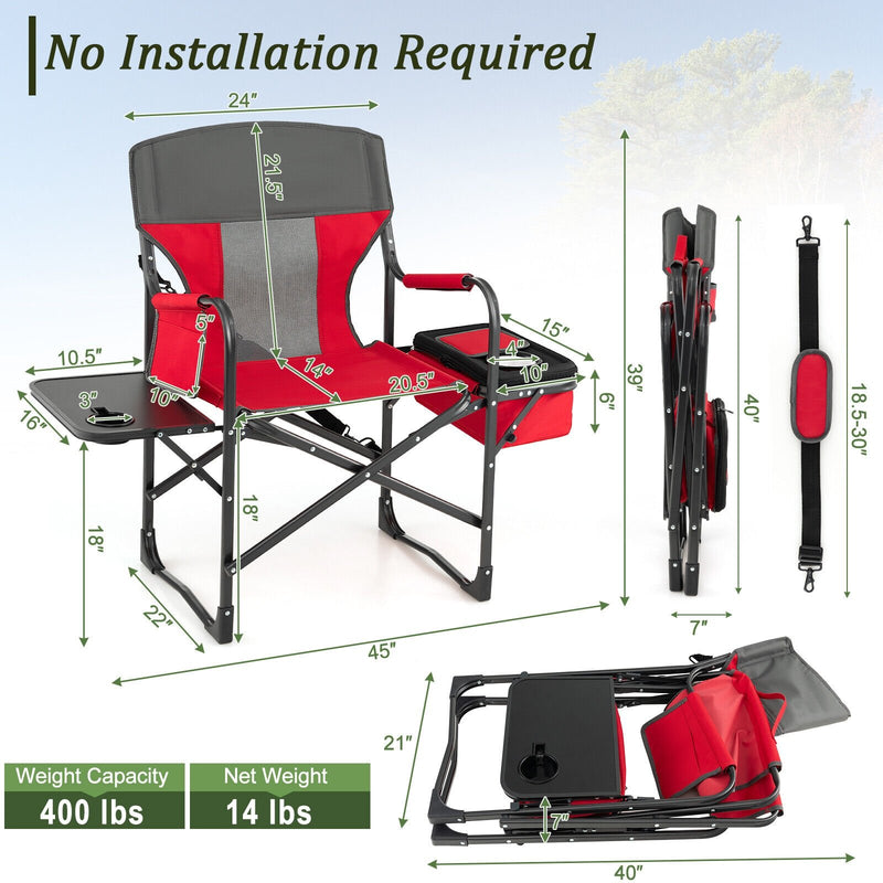 Folding Camping Directors Chair with Cooler Bag and Side Table-Red